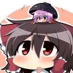  2girls :d :o blush bow bowl bowl_hat brown_hair chibi hair_bow hair_ribbon hair_tubes hakurei_reimu hat large_bow minigirl multiple_girls on_head open_mouth outline person_on_head purple_hair red_eyes ribbon smile sukuna_shinmyoumaru touhou twumi 