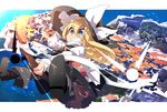  amakoke bad_id bad_pixiv_id black_dress blonde_hair blue_eyes bow broom broom_riding dress grin hat hat_bow highres kirisame_marisa long_hair smile solo touhou town white_bow witch_hat 