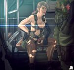  1girl bad_id bad_tumblr_id bikini blue_eyes breasts brown_hair cleavage elbow_gloves explosive front-tie_bikini front-tie_top gloves grenade gun highres holster jesus_avalos long_hair medium_breasts metal_gear_(series) metal_gear_solid metal_gear_solid_v mismatched_gloves pantyhose planted_weapon ponytail quiet_(metal_gear) rifle single_elbow_glove sitting sniper_rifle soldier suspenders swimsuit thigh_holster torn_clothes torn_legwear weapon 
