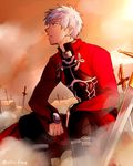  archer dark_skin dark_skinned_male fate/stay_night fate_(series) field_of_blades male_focus niu_illuminator planted_weapon solo unlimited_blade_works weapon white_hair 