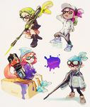  2girls aqua_hair baseball_cap beanie blaster_(splatoon) dark_skin domino_mask fang green_hair hat hero_charger_(splatoon) ink_tank_(splatoon) inkling mask multiple_boys multiple_girls purple_eyes purple_hair red_eyes splatoon_(series) splatoon_1 super_soaker tida_kietsungden 