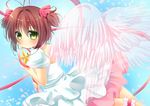  brown_hair cardcaptor_sakura choker green_eyes hanamiya_natsuka hoshi_no_tsue kinomoto_sakura leg_garter magical_girl pink_choker short_hair solo wand wings 