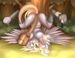  2015 anthro anthrofied areola blonde_hair breasts derpy_hooves_(mlp) equine falleninthedark female friendship_is_magic fur grey_fur hair mail mailbag mammal my_little_pony nipples pegasus smile solo strategically_covered upside_down wings yellow_eyes 
