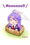  &gt;_&lt; ahoge animal_ears berry_jou box bunny_ears chibi closed_eyes commentary_request crescent crescent_moon for_adoption highres in_box in_container long_hair long_sleeves moon necktie open_mouth purple_hair reisen_udongein_inaba solo tears touhou 