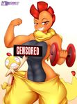  2015 ambiguous_gender anthro big_breasts black_skin blush breasts clothed clothing dumbbell english_text female half-dressed looking_at_viewer mleonheart muscles nintendo orange_eyes orange_skin pants pok&eacute;mon pok&eacute;morph scarf scrafty scraggy smile standing text topless video_games 