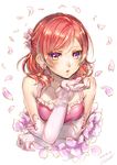  2015 ao+beni bare_shoulders blown_kiss blush dated earrings elbow_gloves flower flower_earrings gloves hair_flower hair_ornament jewelry looking_at_viewer love_live! love_live!_school_idol_project nishikino_maki parted_lips petals pink_gloves purple_eyes red_hair short_hair signature solo upper_body 