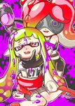  :d at_gunpoint belt bike_shorts black_gloves breastplate cheek_squash crying domino_mask gloves goggles green_hair gun_to_head hand_on_another's_cheek hand_on_another's_face inkling kabyu long_hair mask multiple_girls octarian open_mouth paint pointy_ears purple_eyes red_eyes red_footwear shoes sitting smile splatoon_(series) splatoon_1 streaming_tears super_soaker takozonesu tears tentacle_hair 