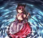  animal_ears bare_shoulders breasts brooch brown_hair chin_rest cleavage dress fingernails hand_in_hair highres holding holding_hair imaizumi_kagerou jewelry large_breasts long_hair long_sleeves looking_at_viewer pyonsuke_(pyon2_mfg) red_eyes smile solo touhou wading wolf_ears 
