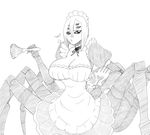 1girl alternate_costume apron arachne breasts carapace choker claws cleavage enmaided extra_eyes feather_duster hair_between_eyes hand_on_hip huge_breasts insect_girl maid maid_apron maid_headdress monochrome monster_girl monster_musume_no_iru_nichijou multiple_legs planet_of_junk rachnera_arachnera sigh sketch skull solo spider_girl 