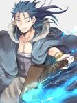  blue_hair cape cu_chulainn_(fate/grand_order) fate/grand_order fate_(series) lancer long_hair male_focus nikame ponytail red_eyes solo staff 