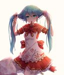  backlighting blue_eyes blue_hair bow bunching_hair byakuya_reki cosplay hatsune_miku holding holding_hair little_red_riding_hood little_red_riding_hood_(grimm) little_red_riding_hood_(grimm)_(cosplay) long_hair looking_at_viewer md5_mismatch mikuzukin_(module) mouth_hold project_diva_(series) puffy_sleeves revision ribbon ribbon_in_mouth shirt sitting skirt solo twintails very_long_hair vocaloid wariza 