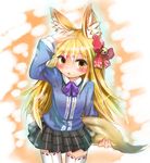  :o ajitarou_(setsu) animal_ears blonde_hair blush bow emil_chronicle_online fox_ears fox_tail hair_bow hand_on_head loki_alma long_hair ribbon-trimmed_legwear ribbon_trim skirt solo tail thighhighs white_legwear yellow_eyes 