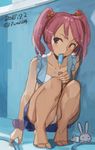  bare_legs barefoot blush dated food hair_bobbles hair_ornament kantai_collection pink_eyes pink_hair popsicle sazanami_(kantai_collection) solo squatting swimsuit toro_(konirio) twintails twitter_username 
