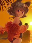  animal_ears back backlighting from_behind grey_hair iris_anemone long_sleeves looking_at_viewer looking_back mouse_ears mouse_tail nazrin ocean off_shoulder one-piece_swimsuit open_clothes open_vest red_eyes short_hair sky smile solo sun swimsuit tail touhou twitter_username vest water 