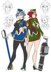  2girls blue_hair breasts concept_art dreadwing genderswap gloves hats high_heels mini_gun multiple_girls personification red_eyes red_hair ryuusei_(mark_ii) short_hair simple_background skyquake sword thighhighs transformers transformers_prime twins uniform 