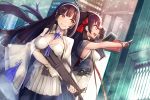  2girls assault_rifle bangs black_hair black_legwear blush breasts brown_eyes bullpup cape cityscape cleavage closed_mouth commentary_request corset double-breasted eyebrows_visible_through_hair flower girls_frontline gloves gun hair_between_eyes hair_flower hair_ornament hair_ribbon hairband highres holding holding_gun holding_weapon large_breasts long_hair looking_away mappaninatta multiple_girls necktie outdoors pantyhose pleated_skirt pointing qbz-95 qbz-95_(girls_frontline) qbz-97 qbz-97_(girls_frontline) ribbon rifle shirt sidelocks signature skirt sleeveless sleeveless_shirt smile thighhighs trigger_discipline twintails twitter_username underbust very_long_hair weapon white_gloves white_hairband white_legwear white_shirt white_skirt yellow_eyes 
