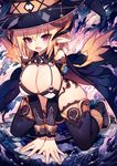  all_fours black_legwear blonde_hair breasts cape cleavage demon_horns hat highres horns large_breasts looking_at_viewer mamuru original pointy_ears raised_eyebrows revealing_clothes saliva saliva_trail short_hair solo thighhighs thighs v_arms wings witch_hat 