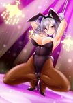  animal_ears armpits arms_up blush breasts bunny_ears bunny_tail bunnysuit chandelier high_heels highres idolmaster idolmaster_cinderella_girls kanzaki_ranko kobayashi_tetsuya looking_at_viewer medium_breasts nipple_slip nipples open_mouth pantyhose pole_dancing red_eyes silver_hair solo squatting stripper_pole tail twintails wardrobe_malfunction 