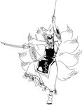  animal_ears bow dress fighting_stance frills full_body greyscale hair_bow hat mitsumoto_jouji monochrome mouth_hold multiple_tails shoes short_hair sketch slit_pupils solo standing standing_on_one_leg sword tail touhou triple_wielding weapon wide_sleeves yakumo_ran 