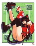  2003 animal_ears arm_up bell black_legwear boots breasts brown_hair cat_ears covered_nipples dated drop_shadow fang fangs full_body hairband jingle_bell large_breasts long_hair long_sleeves looking_at_viewer open_mouth original panties paw_pose ryoji_(nomura_ryouji) sideboob single_thighhigh solo tail thighhighs underwear 