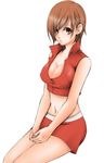  breasts brown_eyes brown_hair cleavage kurota large_breasts meiko midriff red short_hair simple_background skirt solo vocaloid 