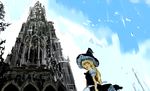  architecture bad_id bad_pixiv_id blonde_hair church day gothic_architecture kai_(kai_013) kirisame_marisa sky solo touhou ulm_minster 