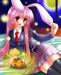  animal_ears bad_id bad_pixiv_id blazer bunny_ears halloween jack-o'-lantern jacket kamiya_chiaki long_hair necktie pink_hair pumpkin red_eyes red_neckwear reisen_udongein_inaba skirt solo thighhighs touhou 