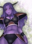  armor breasts captain_ginyu cleavage dragon_ball dragon_ball_z fumio_(rsqkr) genderswap genderswap_(mtf) horns large_breasts purple_hair purple_skin red_eyes solo veins 