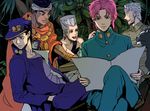  artist_request black_hair blue_eyes dog hat iggy_(jojo) jean_pierre_polnareff jojo_no_kimyou_na_bouken joseph_joestar kakyouin_noriaki kuujou_joutarou male_focus mohammed_avdol multiple_boys pink_hair school_uniform shako_cap silver_hair stardust_crusaders 