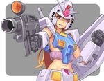  1girl arm_armor armor beam_rifle brown_hair chest_armor commentary_request energy_gun finger_on_trigger grin gun gundam helmet holding holding_gun holding_shield holding_weapon leg_armor long_hair mecha_musume midriff mobile_suit_gundam navel pointing_gun pointing_weapon red_eyes rx-78-2 science_fiction shield shoulder_armor smile solo turning_head two-tone_background weapon yuuji_(and) 