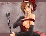  blush bow breasts brown_eyes brown_hair dress flower kurota large_breasts lips meiko microphone microphone_stand short_hair sideboob solo vocaloid 