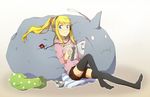  alphonse_elric bad_id bad_pixiv_id blonde_hair blue_eyes digital_media_player feet fullmetal_alchemist ipod long_hair magazine objectification ponytail riru shorts sweater thighhighs winry_rockbell 