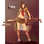  belt big_gun brunette cape girl goggles gun karanak long_legs machine_gun midriff mini_skirt miniskirt navel skirt socks steam_punk stockings underboob 