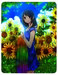  bad_id bad_pixiv_id black_eyes black_hair cloud day dress flower gradient hair_ornament hairclip hana_(yui) long_hair origami original paper_crane pixiv rounded_corners smile solo sunflower 