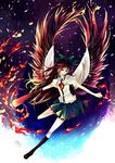  black_legwear black_wings bow brown_hair cape eyes fire flying hair_bow highres kneehighs large_wings long_hair nako_(nonrain) outstretched_arms puffy_sleeves red_eyes reiuji_utsuho solo spread_arms touhou wings 