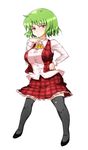  ascot bad_proportions breasts comcom green_hair hand_on_own_chest kazami_yuuka large_breasts plaid plaid_skirt plaid_vest red_eyes short_hair simple_background skirt skirt_set solo thighhighs touhou vest white_background 