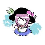  chibi closed_eyes cosplay fang food fruit hat hinanawi_tenshi hinanawi_tenshi_(cosplay) kamibukuro mystia_lorelei peach pink_hair smile solo touhou wings 