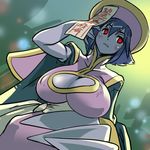  adjusting_hair blue_hair blue_skin blush breasts cleavage cleavage_cutout cosine covered_nipples cross dutch_angle flipped_hair from_below grave huge_breasts jiangshi lei_lei ofuda red_eyes short_hair solo vampire_(game) 