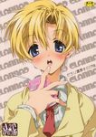  2008 androgynous blonde_hair blue_eyes blush clannad drinking_straw hikarizaka_private_high_school_uniform juice_box kasuga_souichi male_focus necktie school_uniform solo sunohara_youhei 