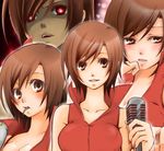  blush breasts brown_eyes brown_hair eating kurota large_breasts lowres meiko microphone microphone_stand red short_hair vocaloid 