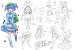  backpack bag between_breasts blue_hair bolt breasts cattail character_sheet diagram eighth_note hair_bobbles hair_ornament hana-kagume hat highres kawashiro_nitori key md5_mismatch musical_note open_mouth plant pose sketch smile spoken_musical_note strap_cleavage touhou translation_request twintails two_side_up wrench 