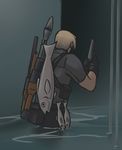  back blonde_hair fish from_behind gameplay_mechanics gun leon_s_kennedy male_focus resident_evil resident_evil_4 rocket_launcher rpg rpg-7 shotgun solo wading water weapon yoyoyo 