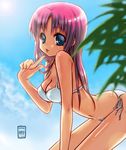  bad_id bad_pixiv_id bent_over bikini blue_eyes copyright_request day katsuki_ichiru long_hair pink_hair solo swimsuit 