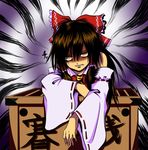  bow box brown_hair detached_sleeves donation_box hakurei_reimu solo tottsuman touhou yellow_eyes 