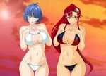  bikini bikini_top blue_hair blush breasts cleavage contrapposto derivative_work eyepatch hair_ornament ikkitousen ikkitousen_dragon_destiny jpeg_artifacts kimura_yuuki large_breasts long_hair multiple_girls ponytail red_hair ryomou_shimei short_hair standing swimsuit tengen_toppa_gurren_lagann third-party_edit yoko_littner 