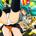  ahoge aqua_eyes aqua_hair ass back-to-back bad_id bad_pixiv_id blonde_hair hands hatsune_miku jewelry kagamine_rin locked_arms long_hair multiple_girls open_mouth orange_panties panties pop_kyun ring short_hair skirt stretch sweatdrop thighhighs twintails underwear upskirt vocaloid white_panties yellow_eyes 