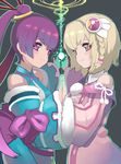  ar_tonelico ar_tonelico_iii bad_id bad_pixiv_id blonde_hair bow braid detached_sleeves dress finnel hair_ornament izuru_(timbermetal) multiple_girls pink_eyes purple_eyes purple_hair saki_(ar_tonelico) short_hair smile twintails 