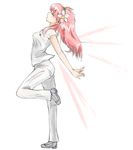  arched_back arms_behind_back blouse closed_eyes flower galaxy_angel hair_flower hair_ornament hands milfeulle_sakuraba nyama pants pink_hair pose profile shirt simple_background solo standing standing_on_one_leg taut_clothes taut_shirt 