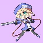  beret black_legwear blazblue blonde_hair blush bolverk chibi detached_sleeves dress dual_wielding fighting_stance gangsta_hold gloves green_eyes gun handgun hat holding lowres nanateru noel_vermillion open_mouth short_hair simple_background solo thighhighs uniform weapon zettai_ryouiki 