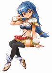  black_legwear blue_hair blush breasts choker cleavage final_fantasy final_fantasy_crystal_chronicles finger_to_cheek fur_trim long_hair low-tied_long_hair medium_breasts midriff navel nyama red_eyes sandals selkie simple_background sitting skirt smile solo strapless thighhighs tubetop white_background 